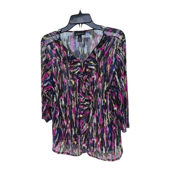 Inc International Sheer Blouse 1X Plus Womens Rainbow 3/4 Sleeve Ruffles Y2K - Picture 1 of 11